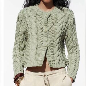 Zara Mint Green  Cable Knit Button-Up Cardigan